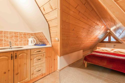 ein Bad mit einem Waschbecken und ein Bett im Dachgeschoss in der Unterkunft Willa "Zosia " in Zakopane