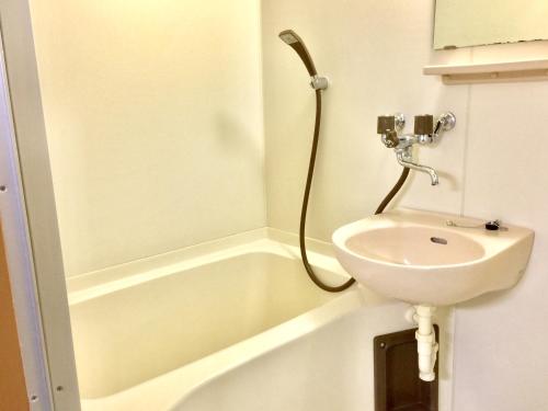 uma casa de banho com um lavatório e um chuveiro em Backpackers Dorms Miwa Apartment em Nagano