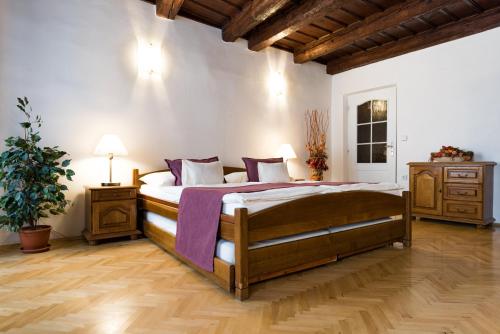 1 dormitorio con 1 cama grande y suelo de madera en OREA Hotel Arigone Olomouc en Olomouc