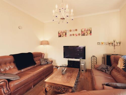 a living room with two brown couches and a tv at Spacious Villa in Neerpelt near Welvaart Marina in Neerpelt