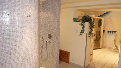 ein Bad mit einer Dusche und weiß gefliesten Wänden in der Unterkunft Hotel Sonnenheim in Bad Kleinkirchheim