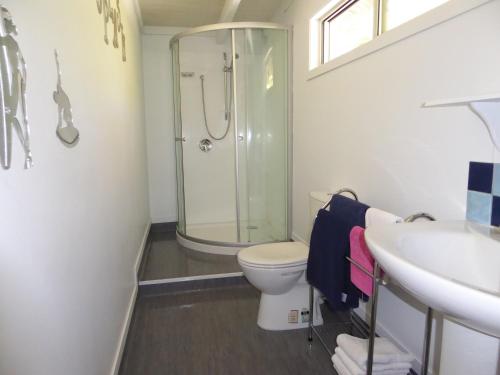 a bathroom with a shower and a toilet and a sink at Muri Beach Studio with Pool in Rarotonga
