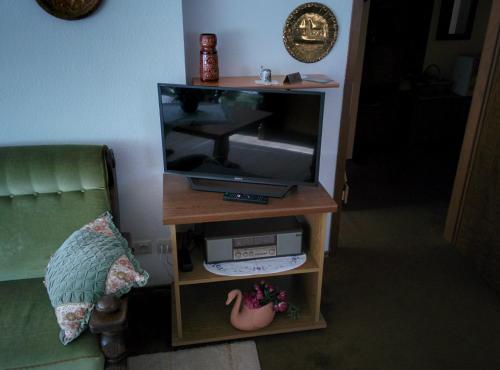 a entertainment center with a television and a table at Gib mir funf! Ferienwohnung in St. Blasien in St. Blasien