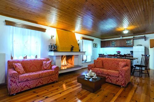 a living room with two couches and a fireplace at Rodami in Kalentzi
