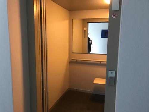 a bathroom with a mirror and a person taking a picture at Apartmán na Lukách - Kopretina in Třeboň