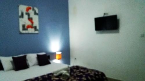 a bedroom with a bed with pillows and a television at Bunutbali Villas88 in Nusa Lembongan