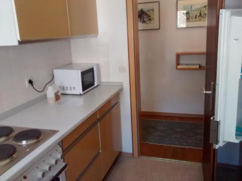 eine kleine Küche mit einer Mikrowelle auf der Theke in der Unterkunft Ferienwohnung Halder, Ihr Bett im Allgäu in Bad Hindelang