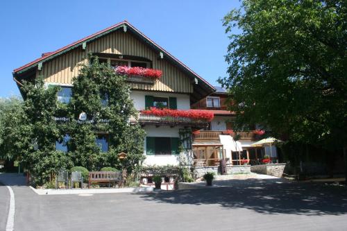 a building with red flowers on the side of it at Steiner Wirt in Tiefenbach