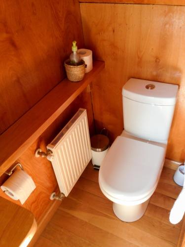 a small bathroom with a toilet and a radiator at Casa Cerro Castillo in Villa Cerro Castillo