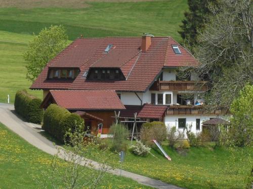 une maison avec un toit rouge sur un champ vert dans l'établissement Ferienhaus Kaltenbach, à Titisee-Neustadt
