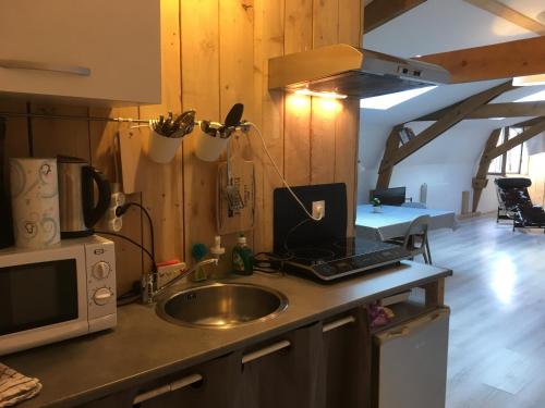 une cuisine avec un évier et un ordinateur portable sur un comptoir dans l'établissement La Chicorée, à Annoeullin