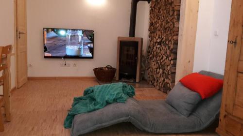 a living room with a couch and a flat screen tv at Storchennest in Fürth