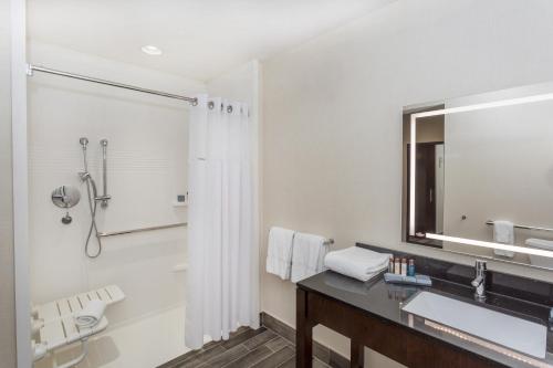uma casa de banho com um lavatório, um chuveiro e um espelho. em Wingate by Wyndham Miami Airport em Miami