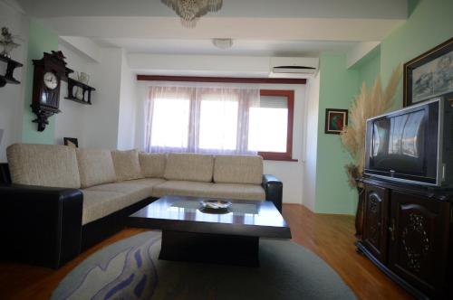 a living room with a couch and a coffee table at Nikolic Apartments - Ohrid City Centre in Ohrid
