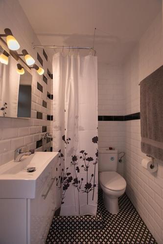 a bathroom with a toilet and a shower curtain at Acogedor apartamento en el centro de Llançà in Llança