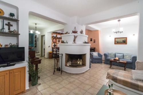 a living room with a fireplace and a tv at Alma Libre Villas in Kastraki Naxou