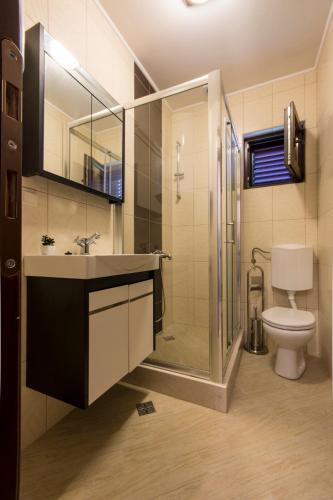 a bathroom with a shower and a sink and a toilet at Jedro Apartmani in Herceg-Novi