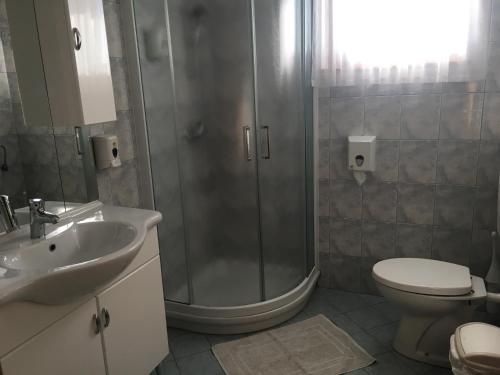 La salle de bains est pourvue d'une douche, de toilettes et d'un lavabo. dans l'établissement Guest house Okrepčevalnica Zemonska vaga, à Ilirska Bistrica