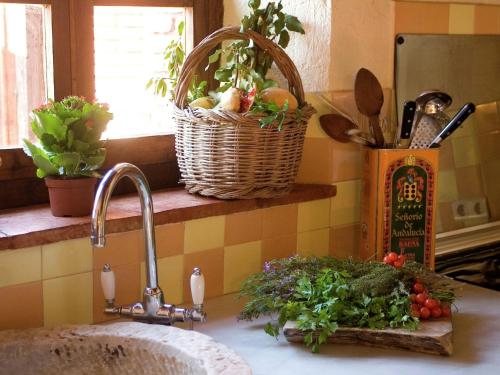 a kitchen counter with a sink with a basket of vegetables at Charming Stone Houses at Molino in Alájar