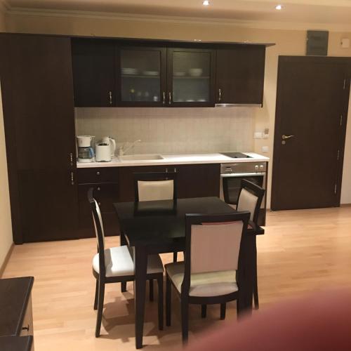 kuchnia z czarnym stołem i krzesłami w obiekcie Alex Apartment Sofia w mieście Sofia