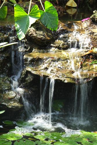 a waterfall in a garden with rocks and water at Pinewood Beach Resort and Spa in Diani Beach