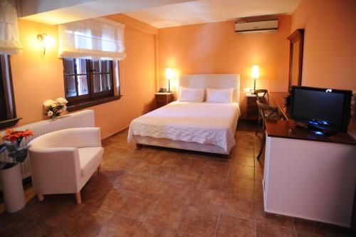 a bedroom with a bed and a television in it at Boutique Hotel Kentrikon & Bungalows in Agios Ioannis Pelio
