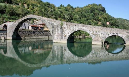 a stone bridge over a river with its reflection in the water at Ulivo Della Querce in Querce