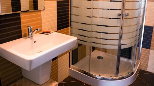 a bathroom with a sink and a shower at Bíbor-lak ökoszálláshely in Pannonhalma