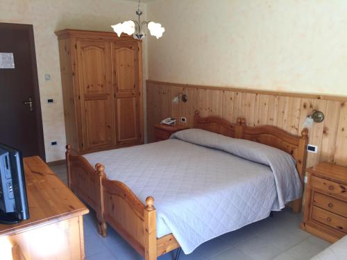Schlafzimmer mit einem Bett, einem Schreibtisch und einem TV in der Unterkunft Al Garibaldino in Posina