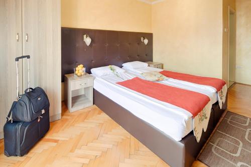 a bedroom with a large bed and a suitcase at Hotel Fontana in Novi Sad