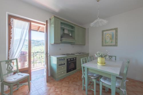 トレモージネ・スル・ガルダにあるCasa Mariaのキッチン(緑のキャビネット、テーブル、椅子付)