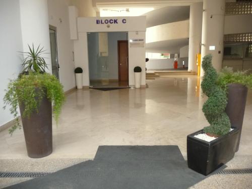 a lobby with potted plants in a building at T&E Apartment in Larnaka