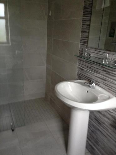a bathroom with a white sink and a shower at Benbulben Farmhouse B&B in Drumcliff