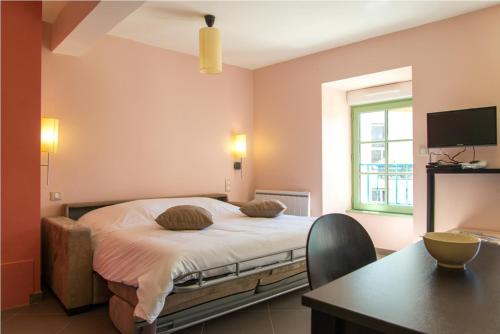 a bedroom with a bed and a table and a television at Résidence Les Rives Du Bès in Saint-Juéry