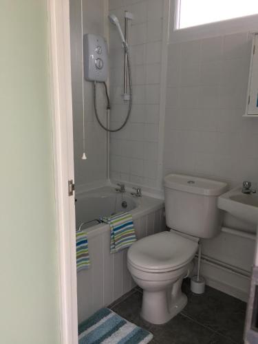 a bathroom with a toilet and a tub and a sink at Pine Song Chalet in Roch