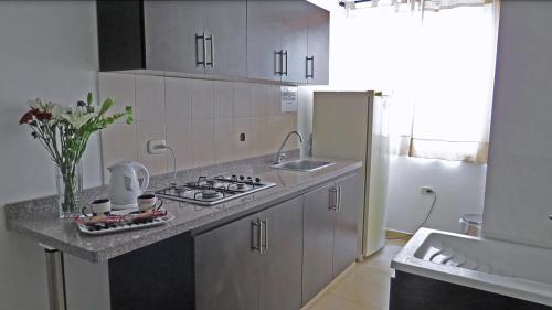 Una cocina con encimera con fregadero y estufa. en Arco Apartasuites, en Cali
