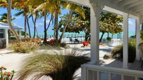 a porch with palm trees and the ocean in the background at Pines & Palms Resort in Islamorada