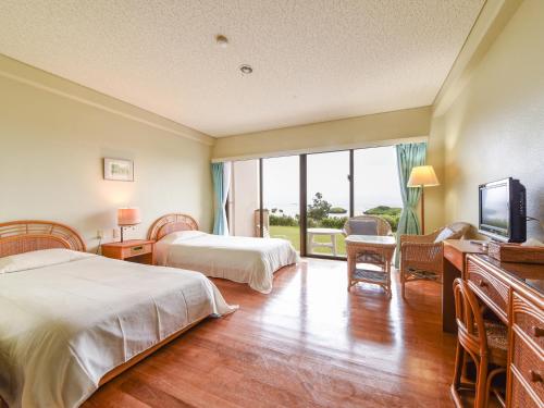 西表島にあるペンション　星の砂のベッド2台、薄型テレビが備わるホテルルームです。