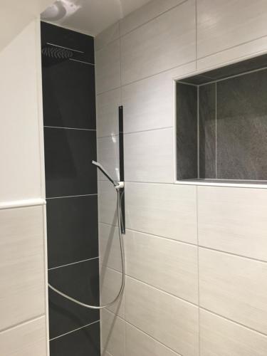 a shower with a glass door in a bathroom at Hotel Central in Bamberg