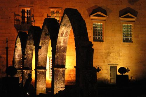 a monument in front of a building at night at Hotel do Elevador in Braga