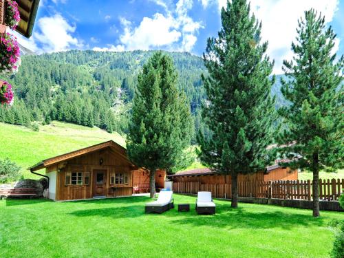 a house with a green yard with two trees at Alpenhof Pitztal in Sankt Leonhard im Pitztal