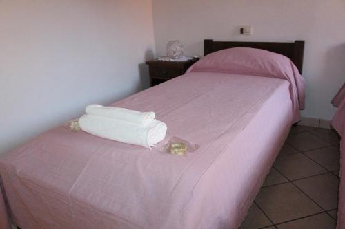 a bedroom with a pink bed with towels on it at R&B Ostello Degli Dei in Monzuno