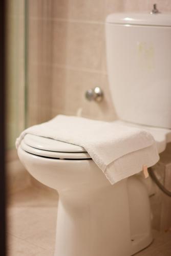 a white toilet with a towel on it in a bathroom at Near Paradise in Koropi