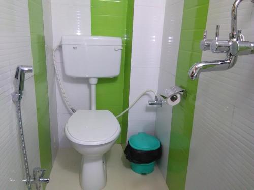 a bathroom with a toilet and a green and white wall at Bhadra Kali Guest House in Varanasi