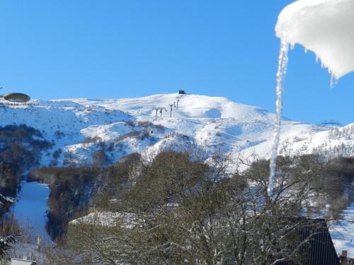 a mountain covered in snow with a water fountain at Les Aliziers in Super Besse