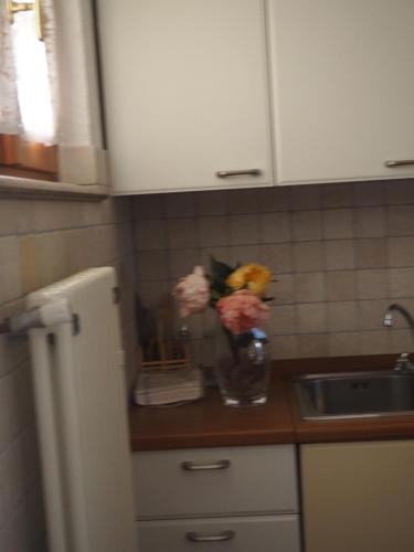 un mostrador de cocina con un jarrón con flores. en monolocale in villa, en Macugnaga