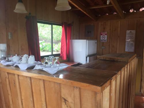 a kitchen with a counter with sinks and a refrigerator at Hotel Chalets Los Volcanes in Alajuela City