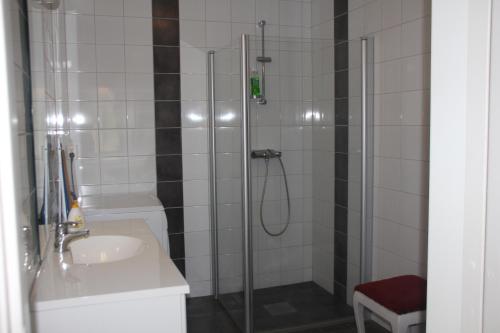 a bathroom with a shower, toilet and sink at Høiland Gard Gardshotellet in Årdal
