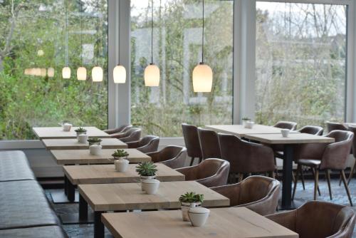a row of tables and chairs in a room with windows at Hotel Uhu Garni - Superior in Cologne