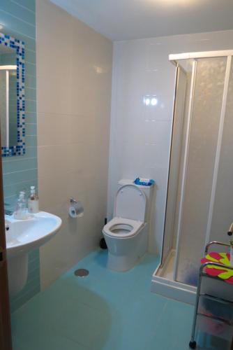 La salle de bains est pourvue de toilettes, d'un lavabo et d'une douche. dans l'établissement Cambados Apartamento VUT-PO-TU986D, à Cambados